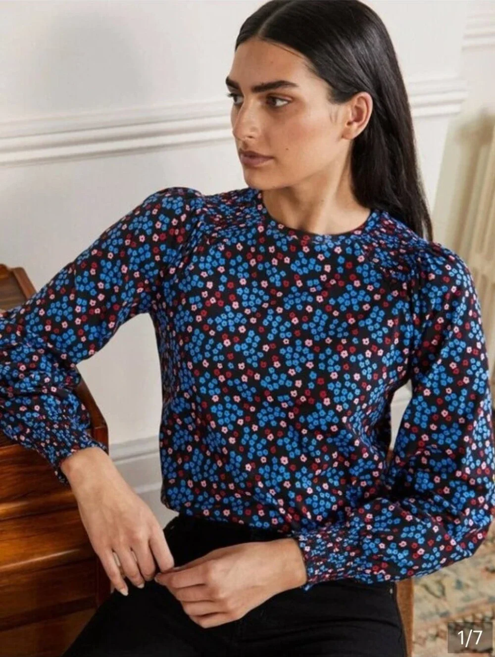 Boden Navy Blue Floral Long-Sleeve Blouse - Size 16/ 18